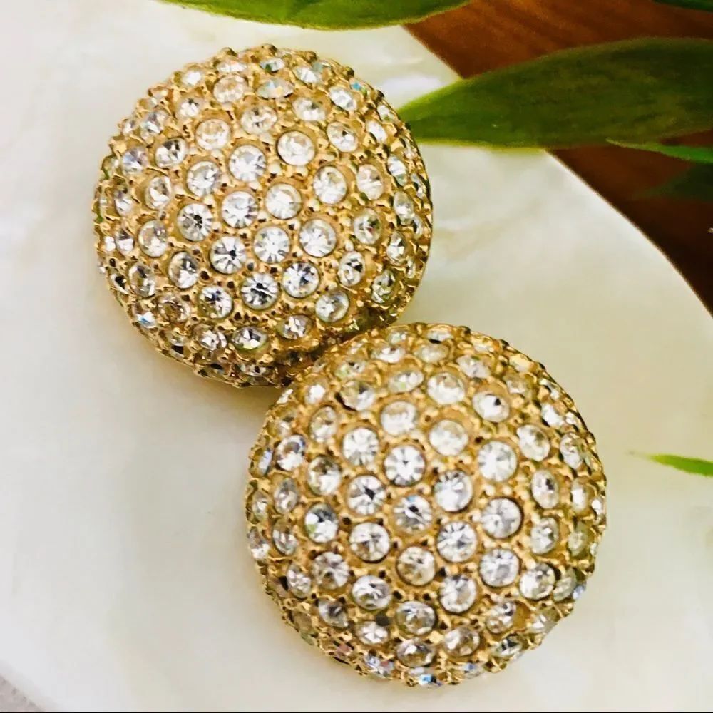 Vintage Vlear Rhinestones Dome Clip On Gold Art Deco Earrings Pave 60s 4286